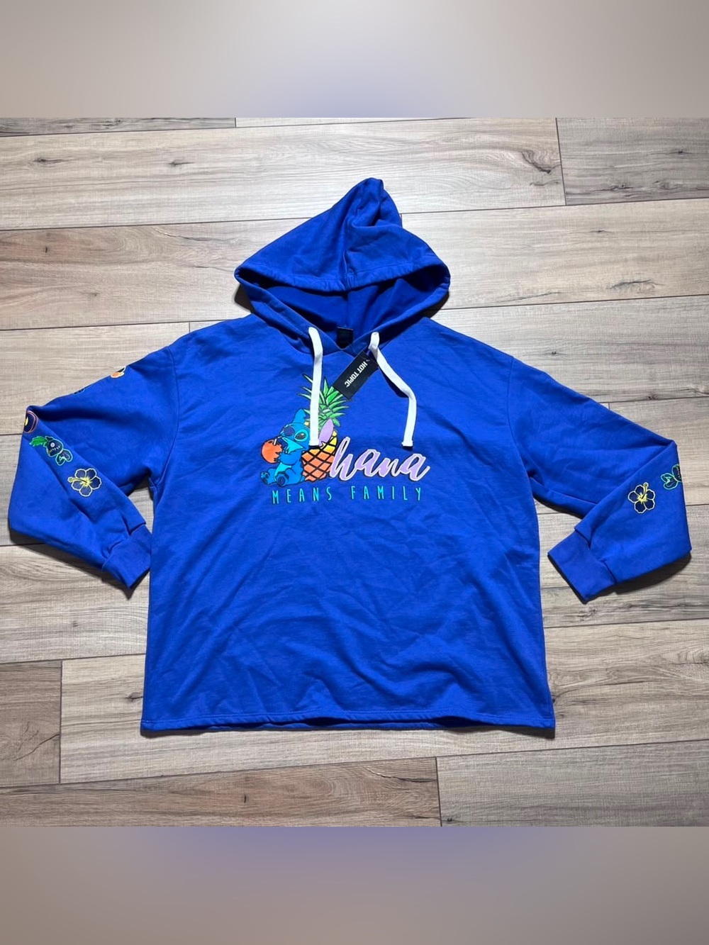 Disney Hot Topic Juniors Stitch Ohana Means Family Pullover Hoodie Size 3 Blue